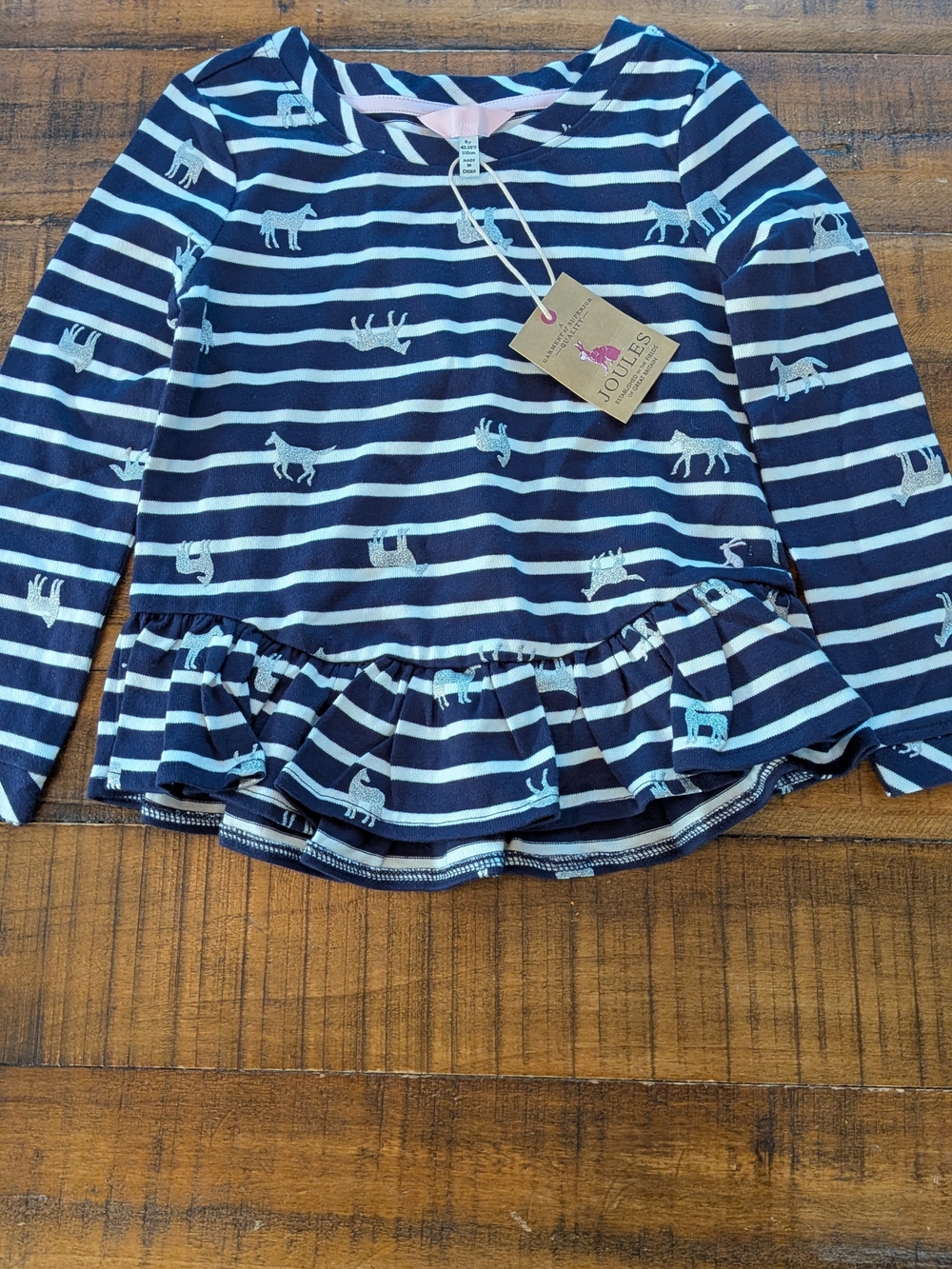 NWT Joules Navy & White Striped Unicorn Ruffle Hem Long Sleeve Top Size 5